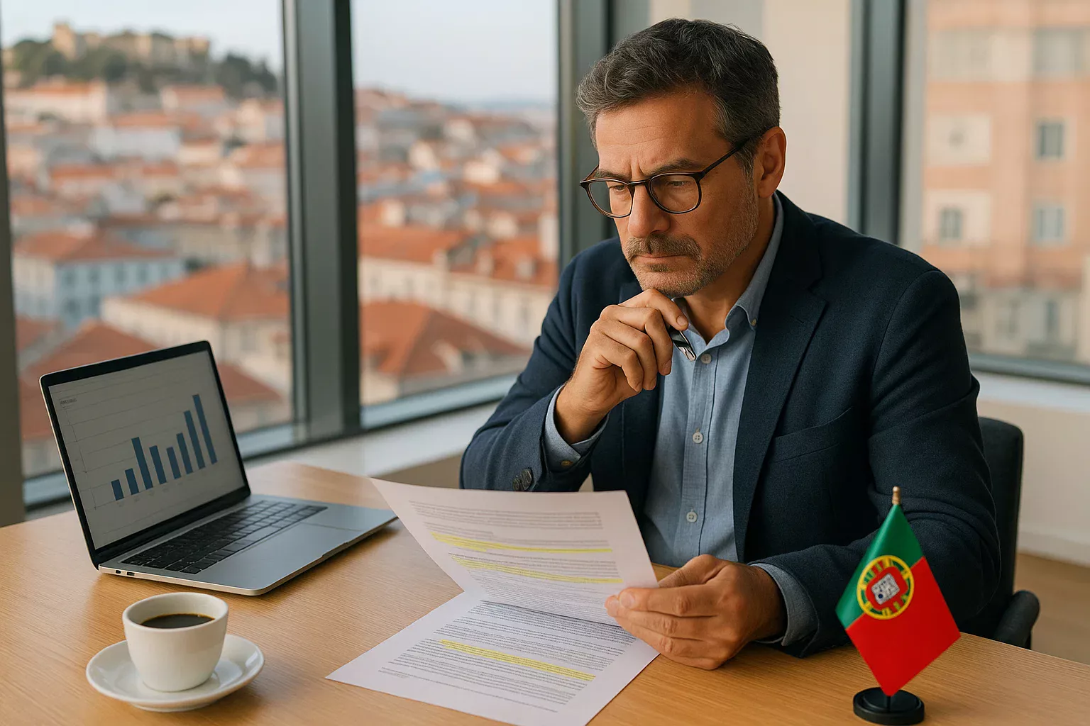 Profissional português a analisar cuidadosamente documentos com termos e condições de bónus