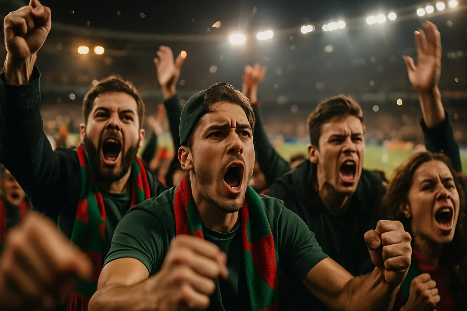 Adeptos apaixonados num estádio a celebrar um momento emocionante durante um jogo de futebol ao vivo
