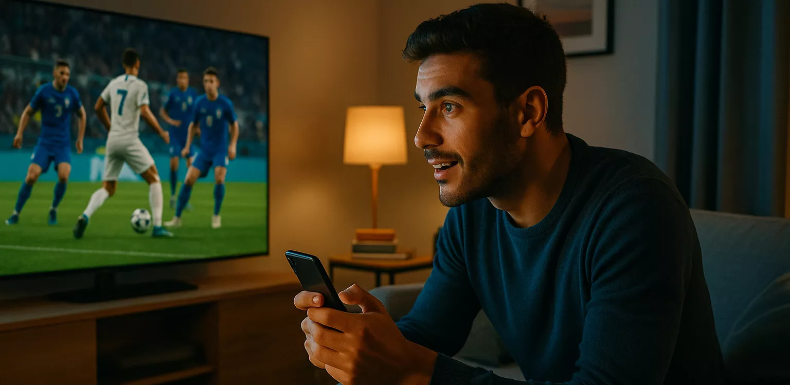Jovem português a acompanhar um jogo de futebol na televisão enquanto faz apostas ao vivo no smartphone