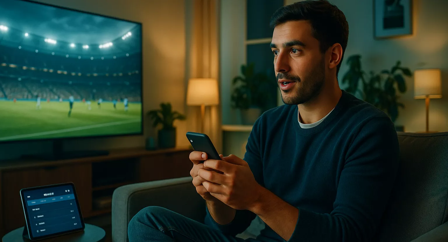 Jovem português a acompanhar um jogo de futebol na televisão enquanto analisa apostas no smartphone