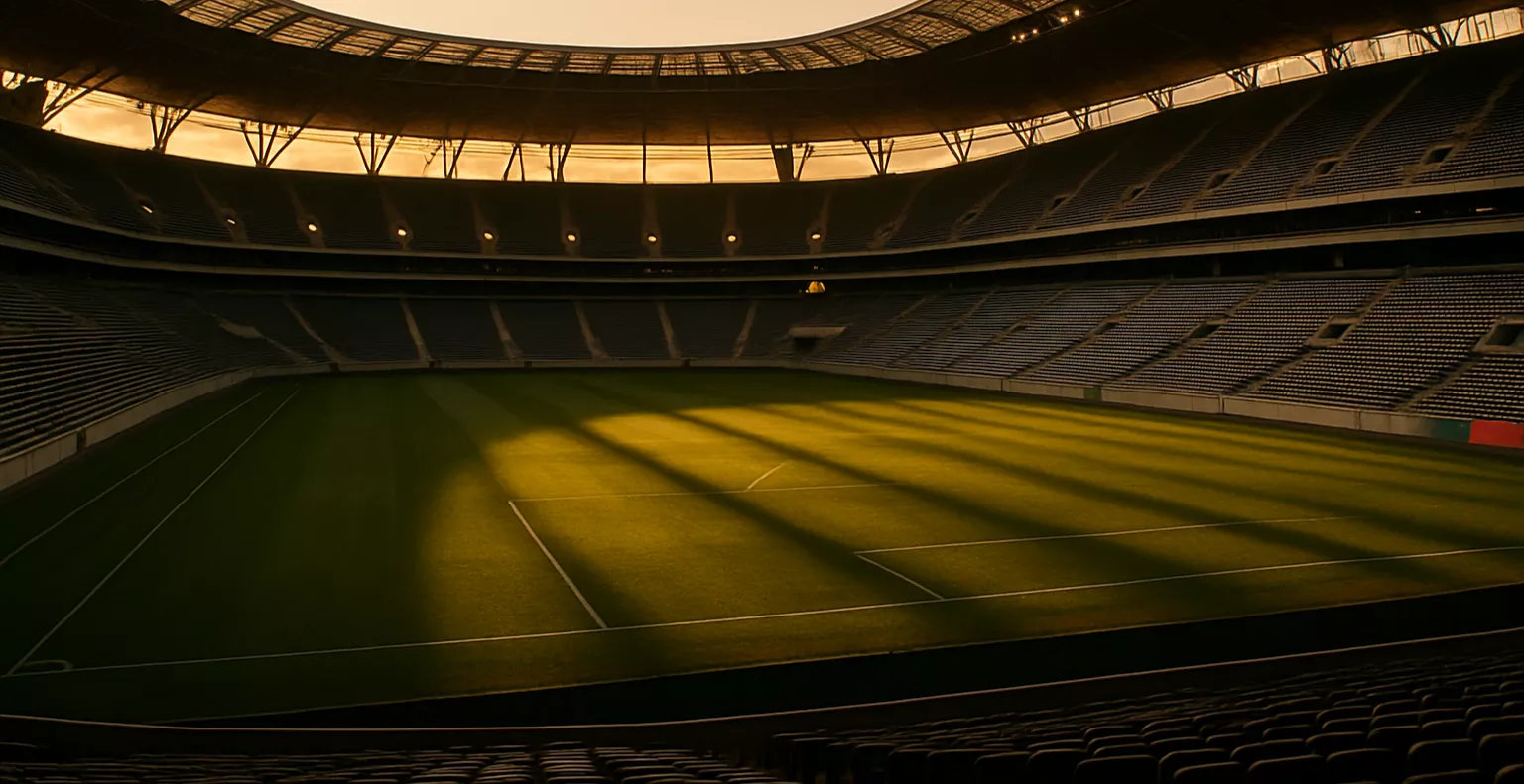 Estádio de futebol moderno em Portugal ao pôr do sol com relvado verde e arquitetura contemporânea