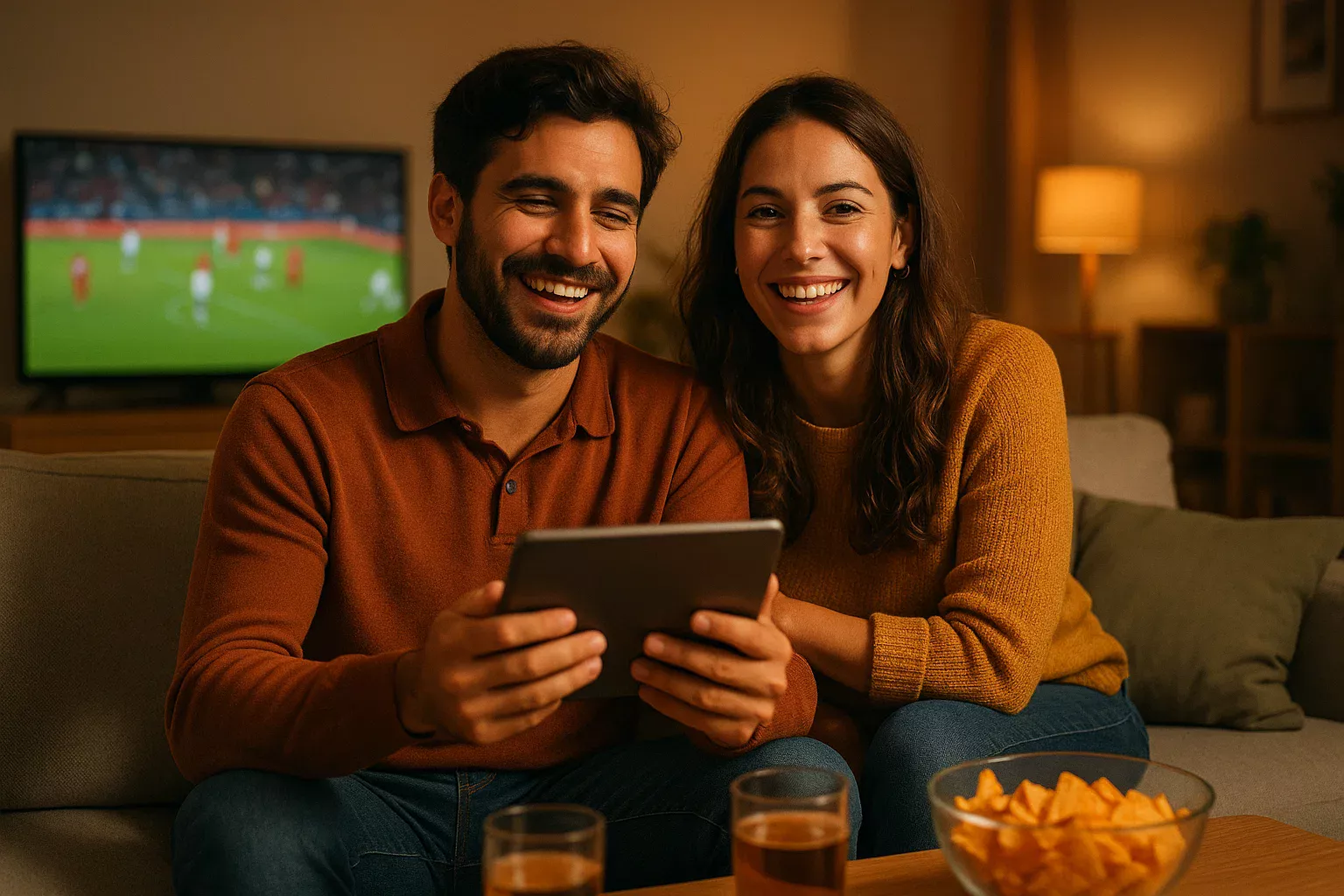 Casal português a desfrutar de um jogo de futebol como entretenimento desportivo