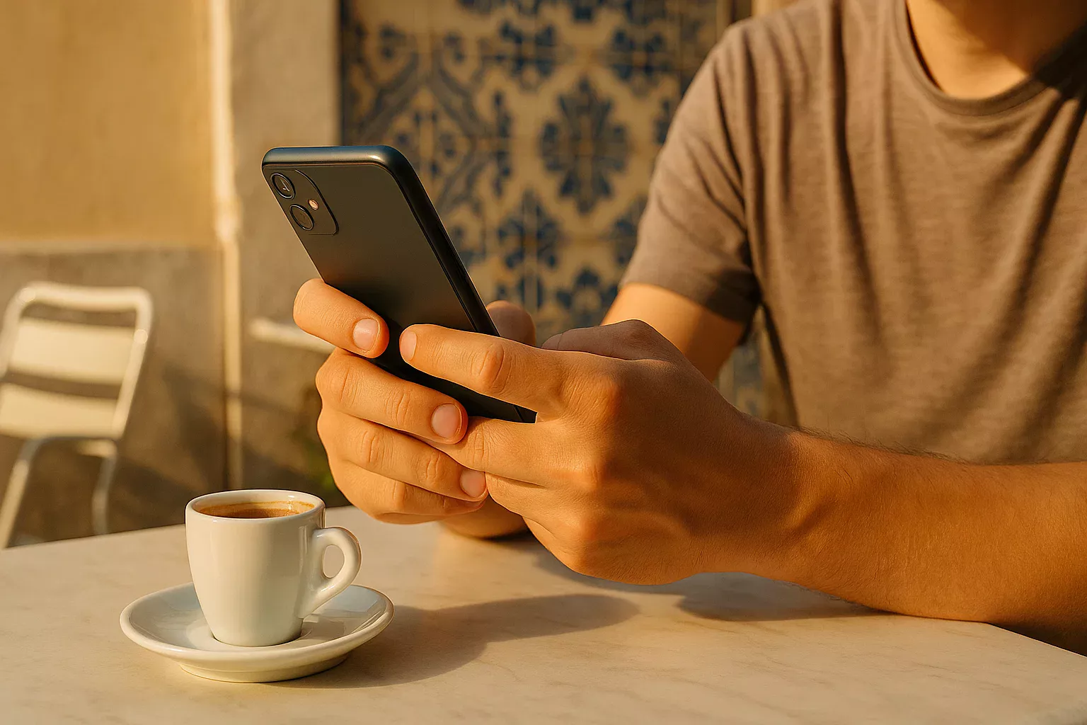 Mãos a segurar um smartphone numa esplanada portuguesa com azulejos tradicionais e chávena de café