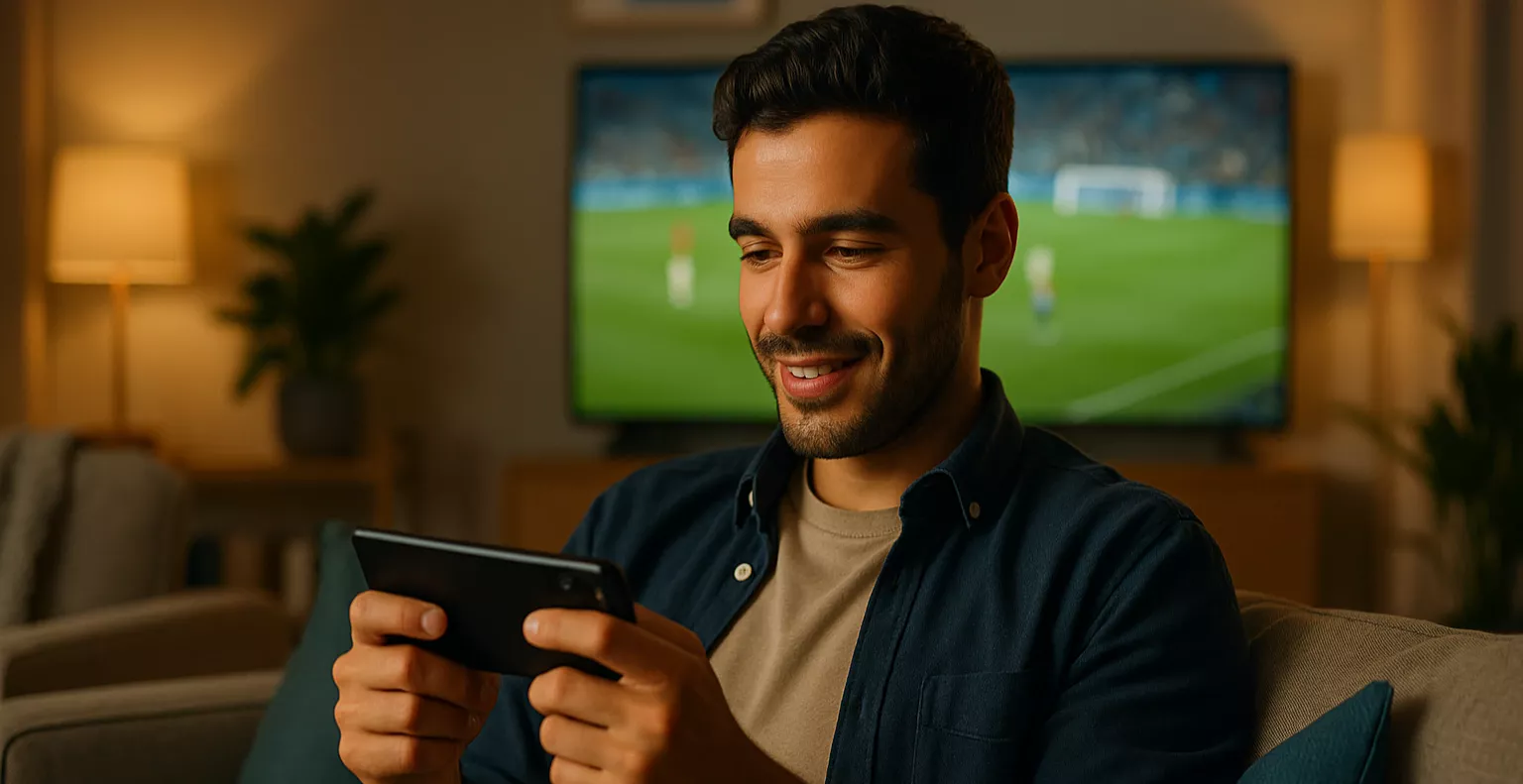 Jovem português a utilizar uma aplicação de apostas no smartphone enquanto assiste a um jogo de futebol