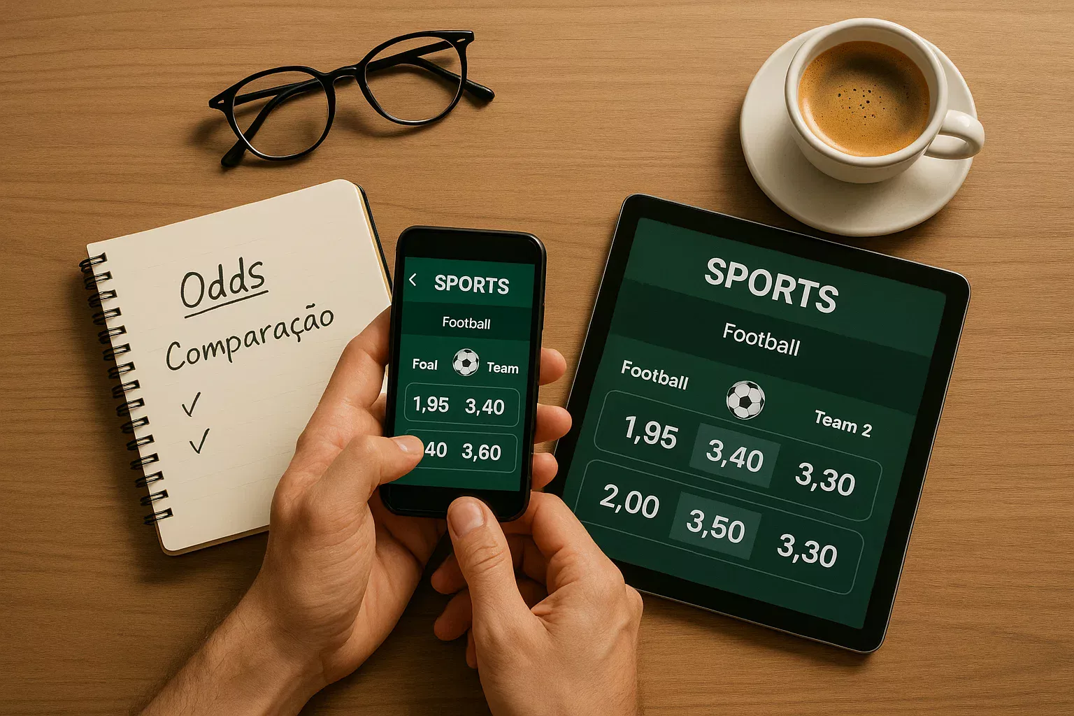 Comparação de odds de apostas desportivas em smartphone e tablet com notas em português