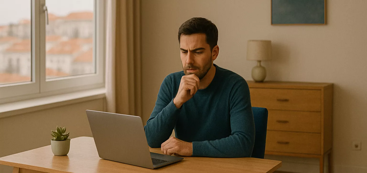 Jovem português a comparar informações sobre casas de apostas no computador portátil e tablet