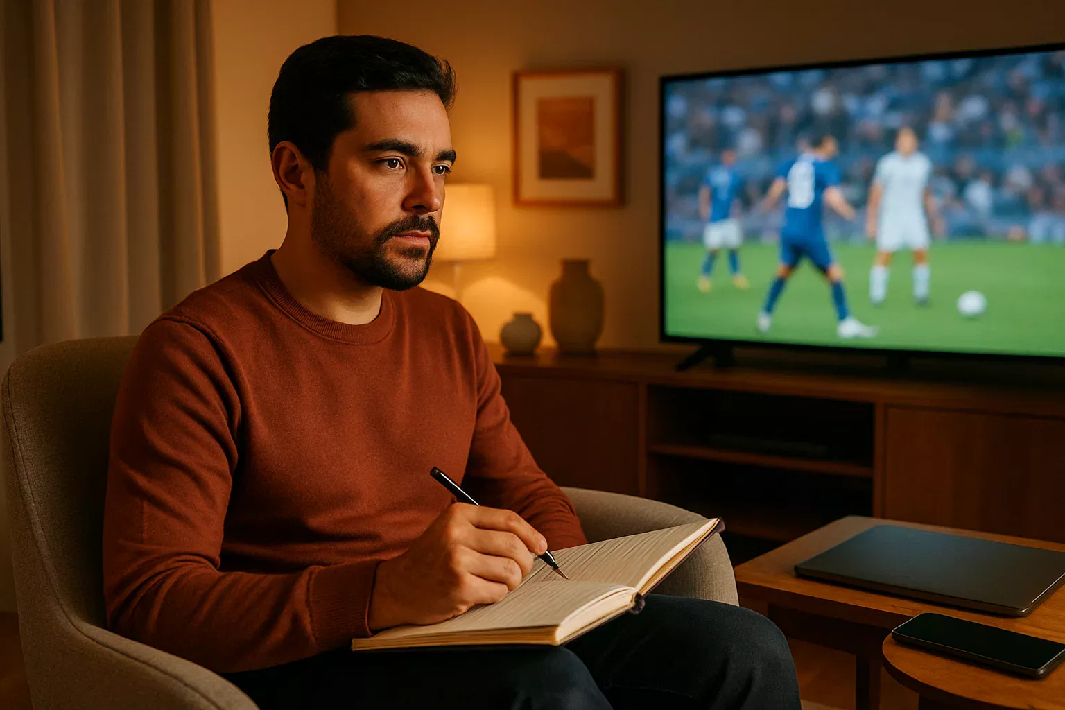 Português focado a tomar notas enquanto assiste a um jogo e planeia estratégias de apostas
