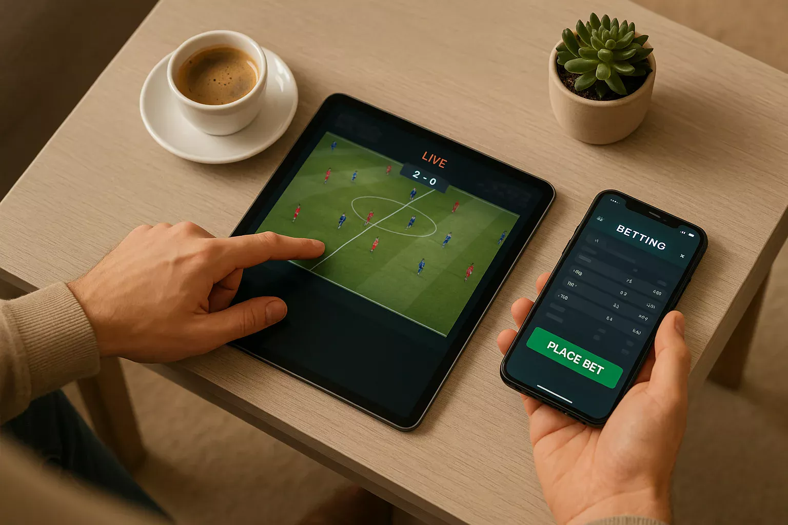 Tablet com streaming de jogo e smartphone com aplicação de apostas ao vivo sobre mesa