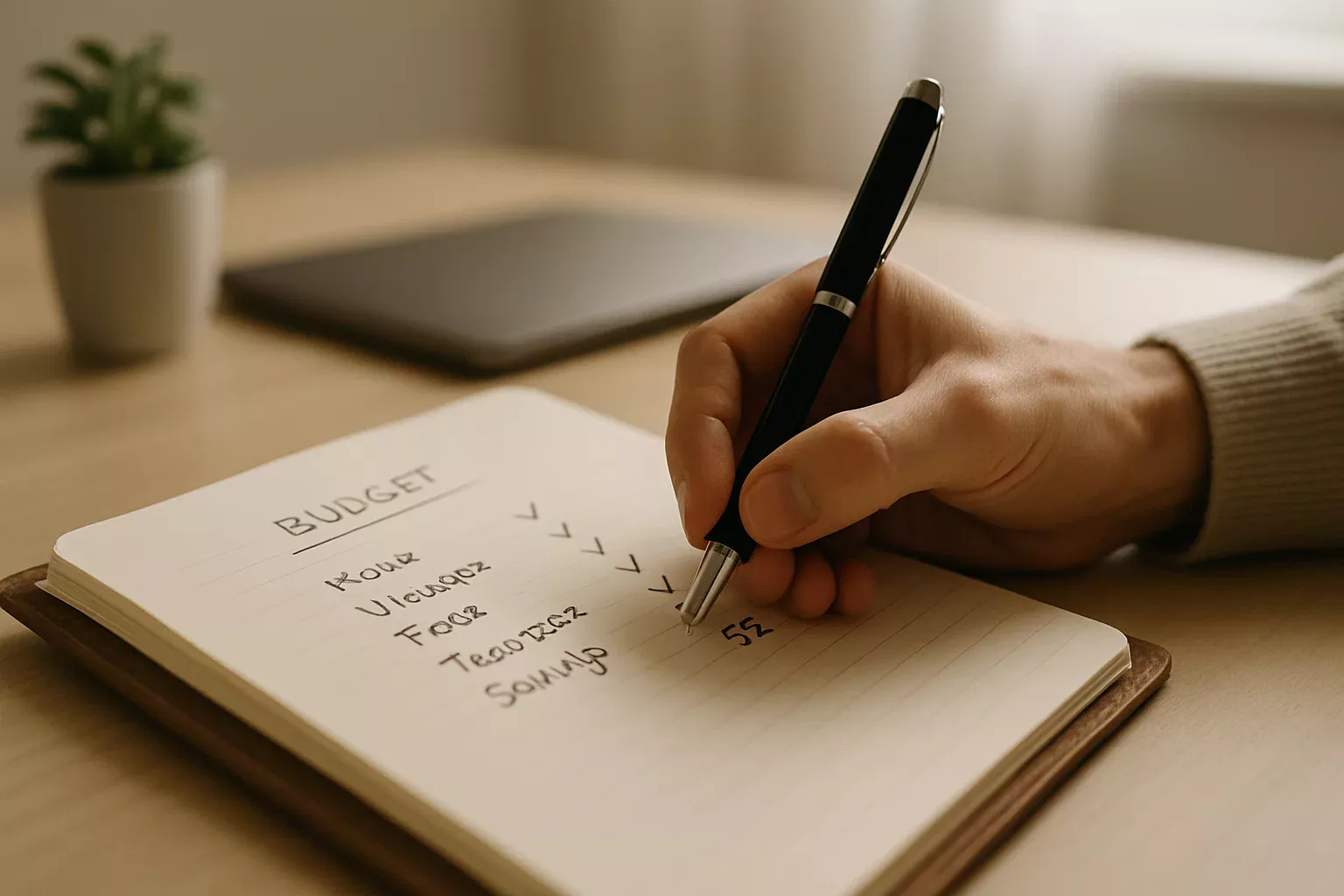 Mão a escrever num caderno de planeamento financeiro com caneta de qualidade num ambiente de escritório organizado