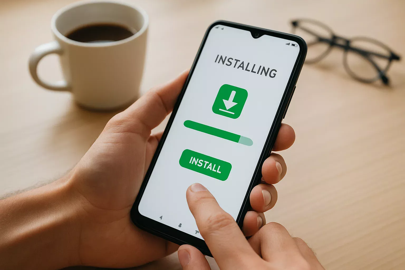 Mãos a instalar uma aplicação de apostas num smartphone Android