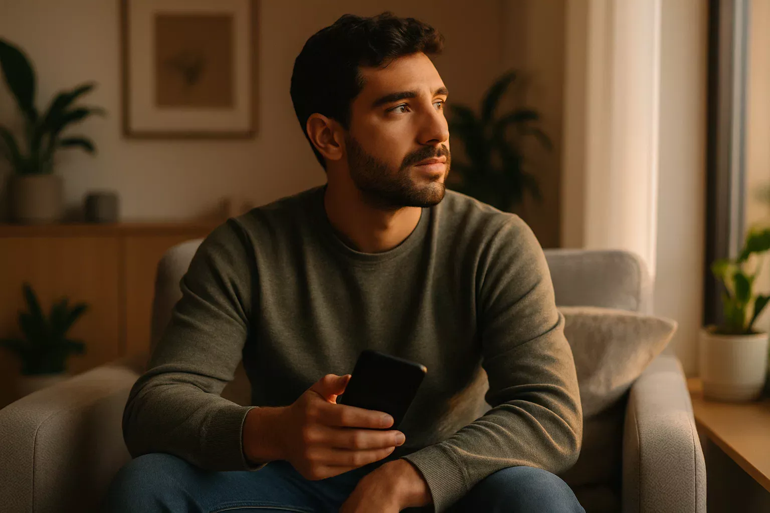 Jovem português num momento de pausa e reflexão sobre uso responsável de aplicações de apostas
