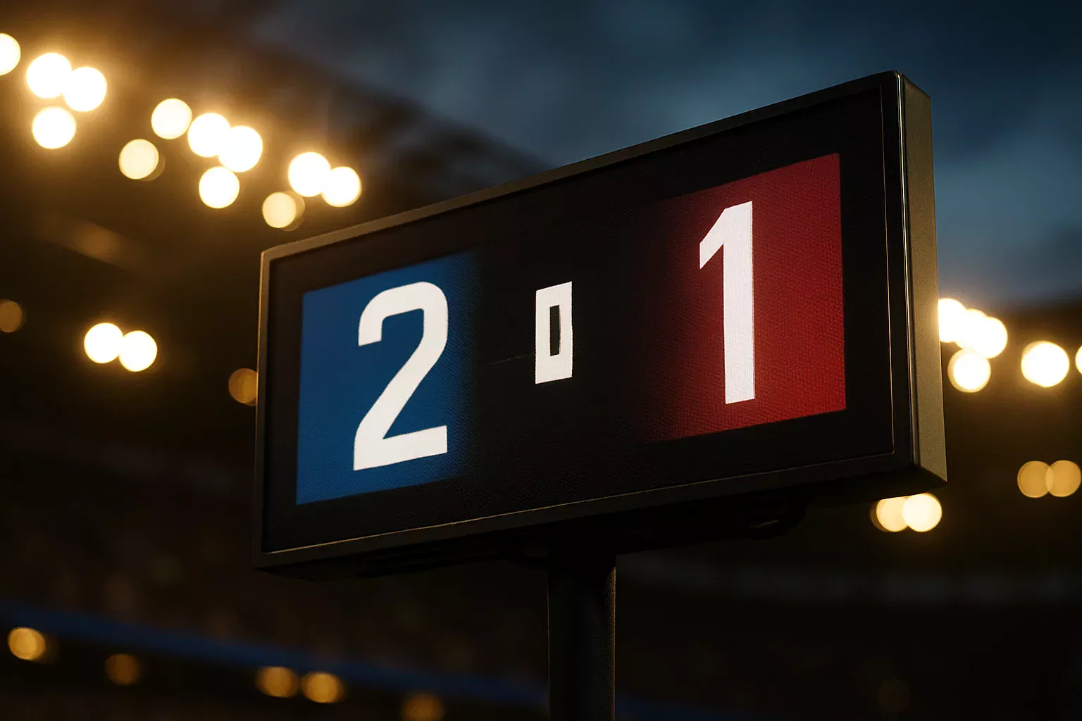 Placar de estádio de futebol a mostrar resultado de jogo para mercados de golos