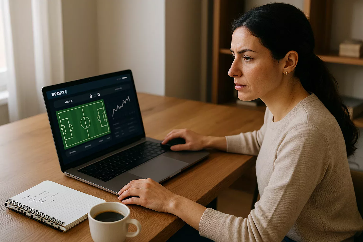 Profissional portuguesa a analisar odds em tempo real no computador portátil