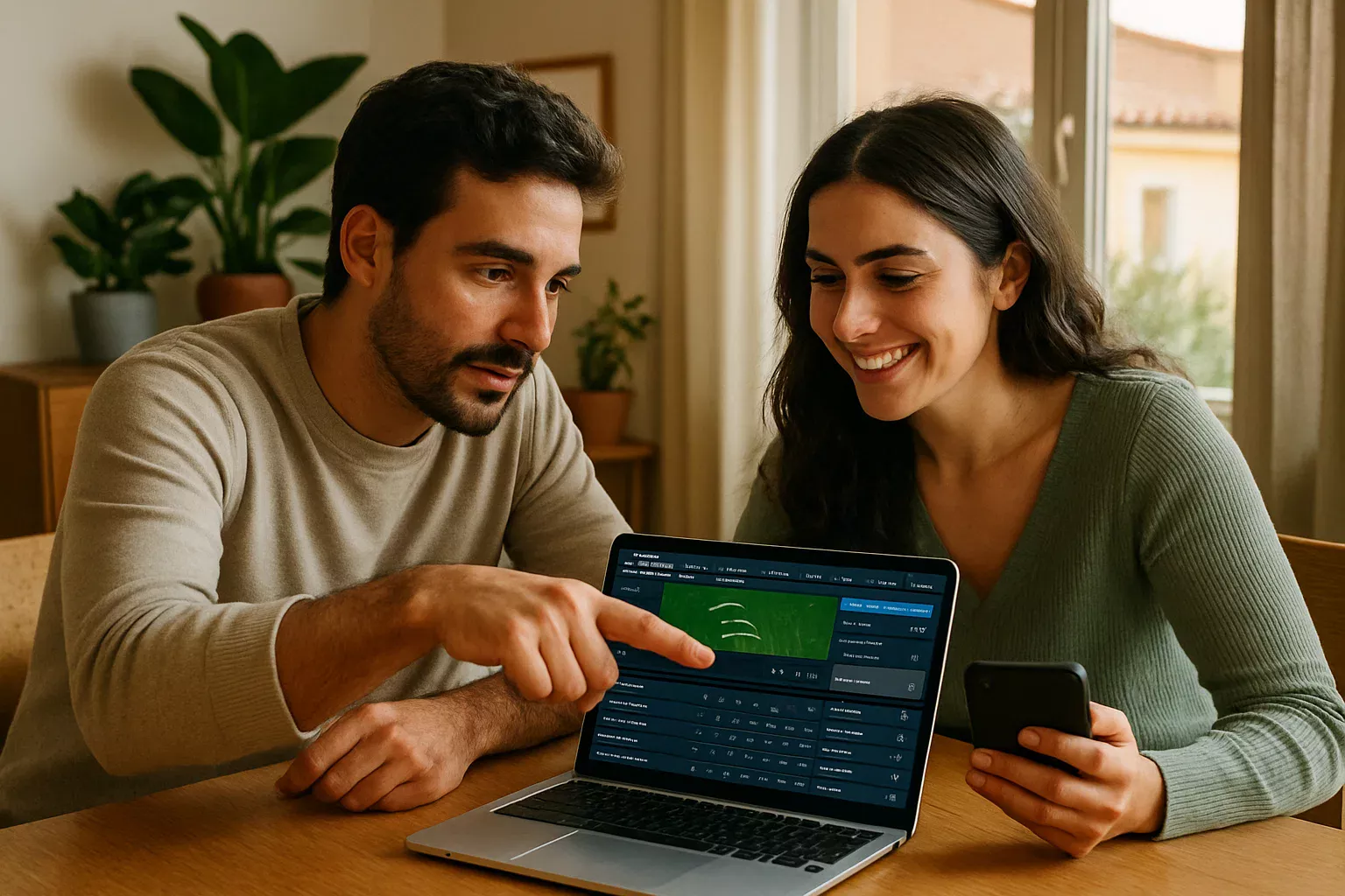 Casal português a comparar plataformas de apostas ao vivo no computador portátil
