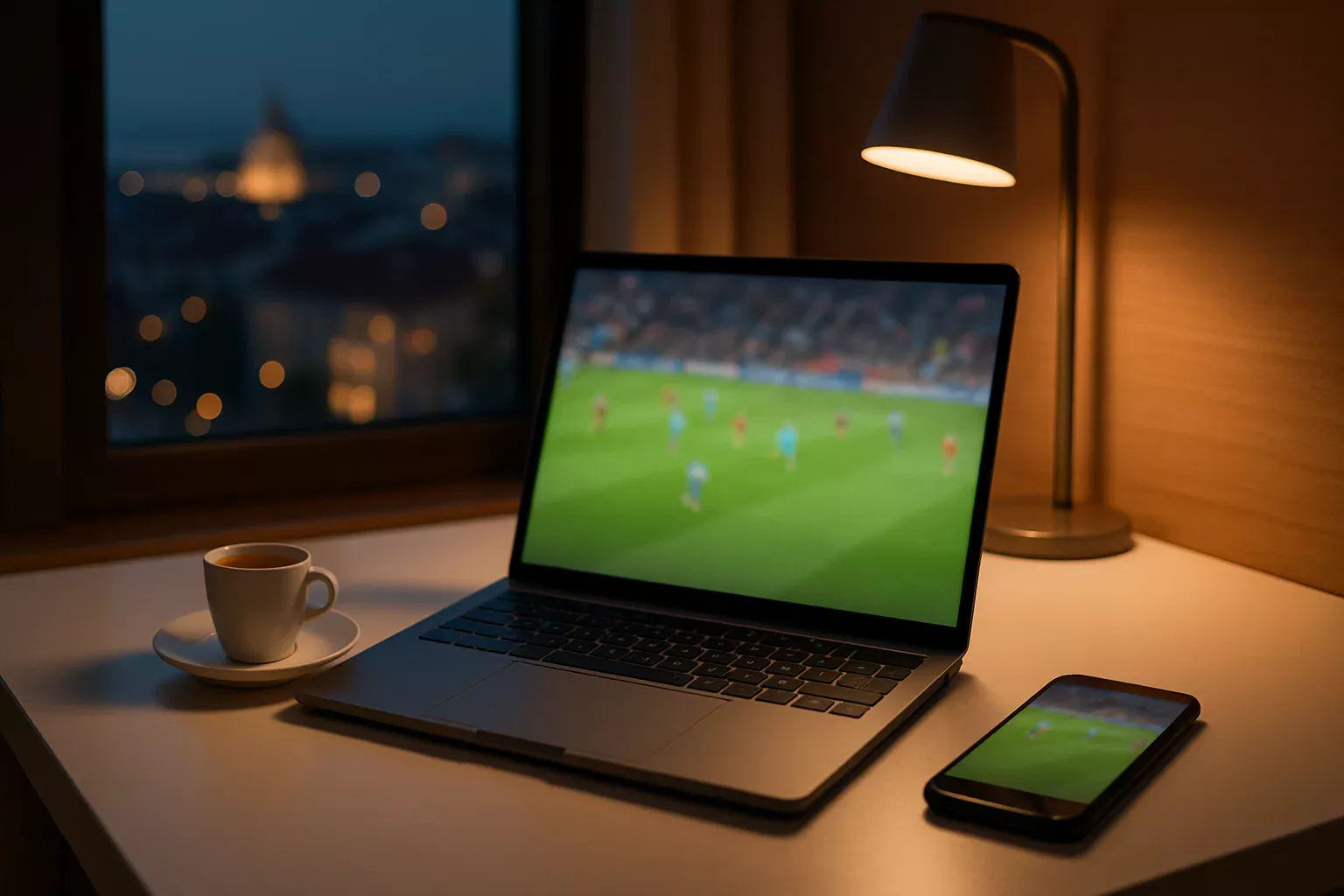 Ambiente moderno de escritório em casa com portátil e smartphone mostrando conteúdo desportivo, chávena de café portuguesa