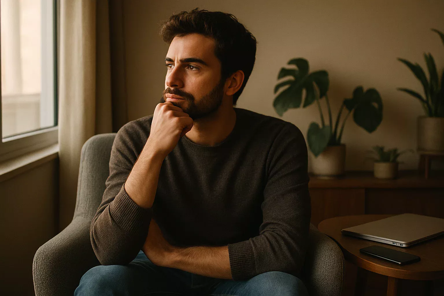 Jovem português em momento de reflexão sobre decisões e psicologia nas apostas