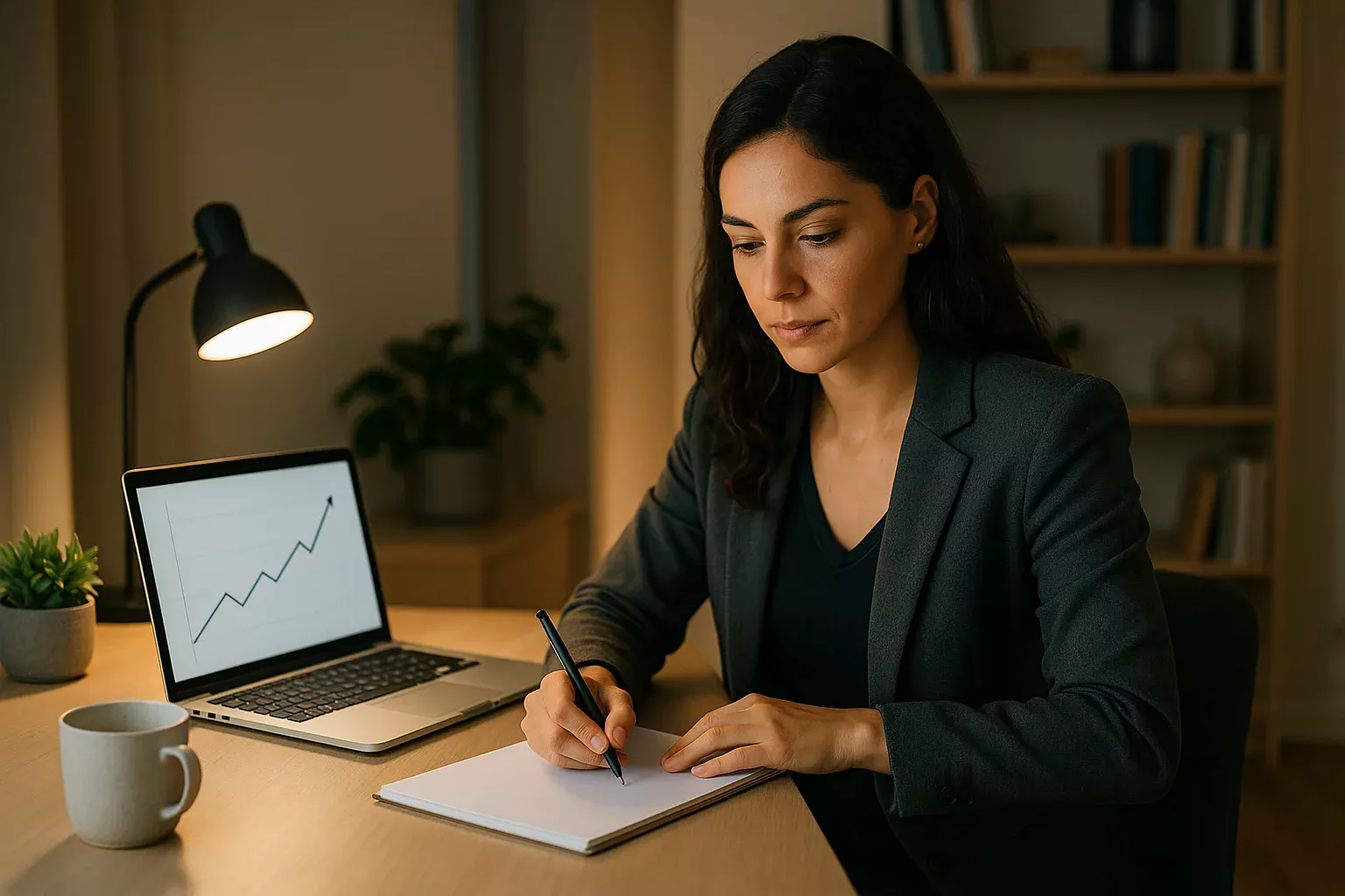 Profissional portuguesa a analisar gráficos e a tomar notas sobre requisitos de rollover