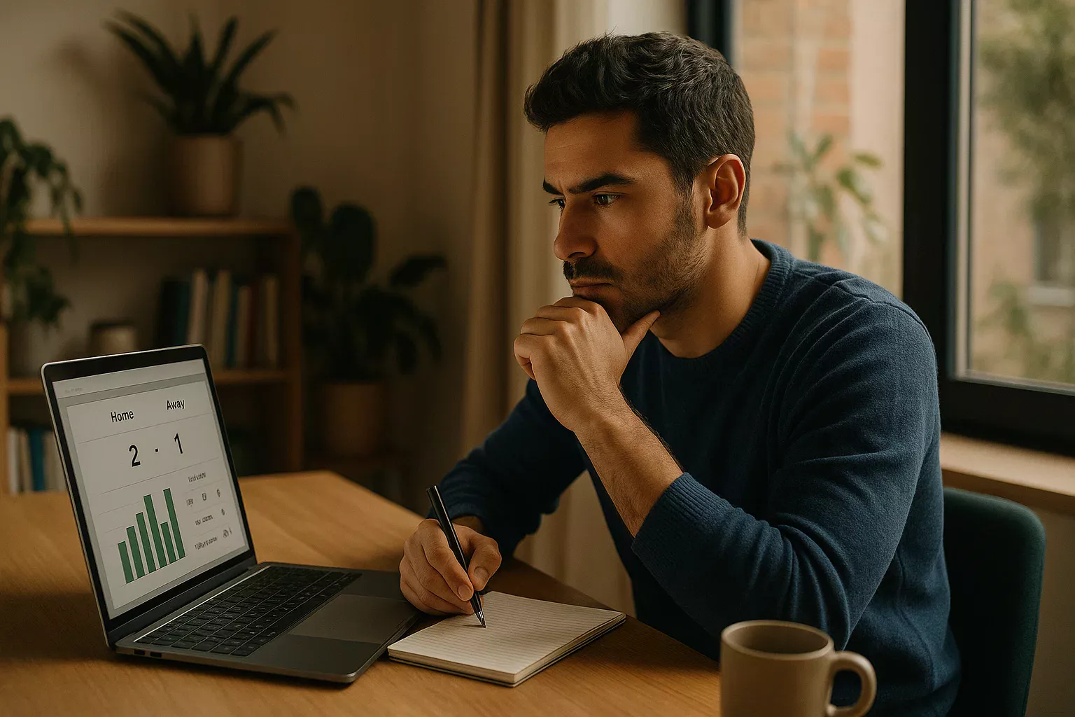Português a analisar estatísticas desportivas no computador portátil para apostas
