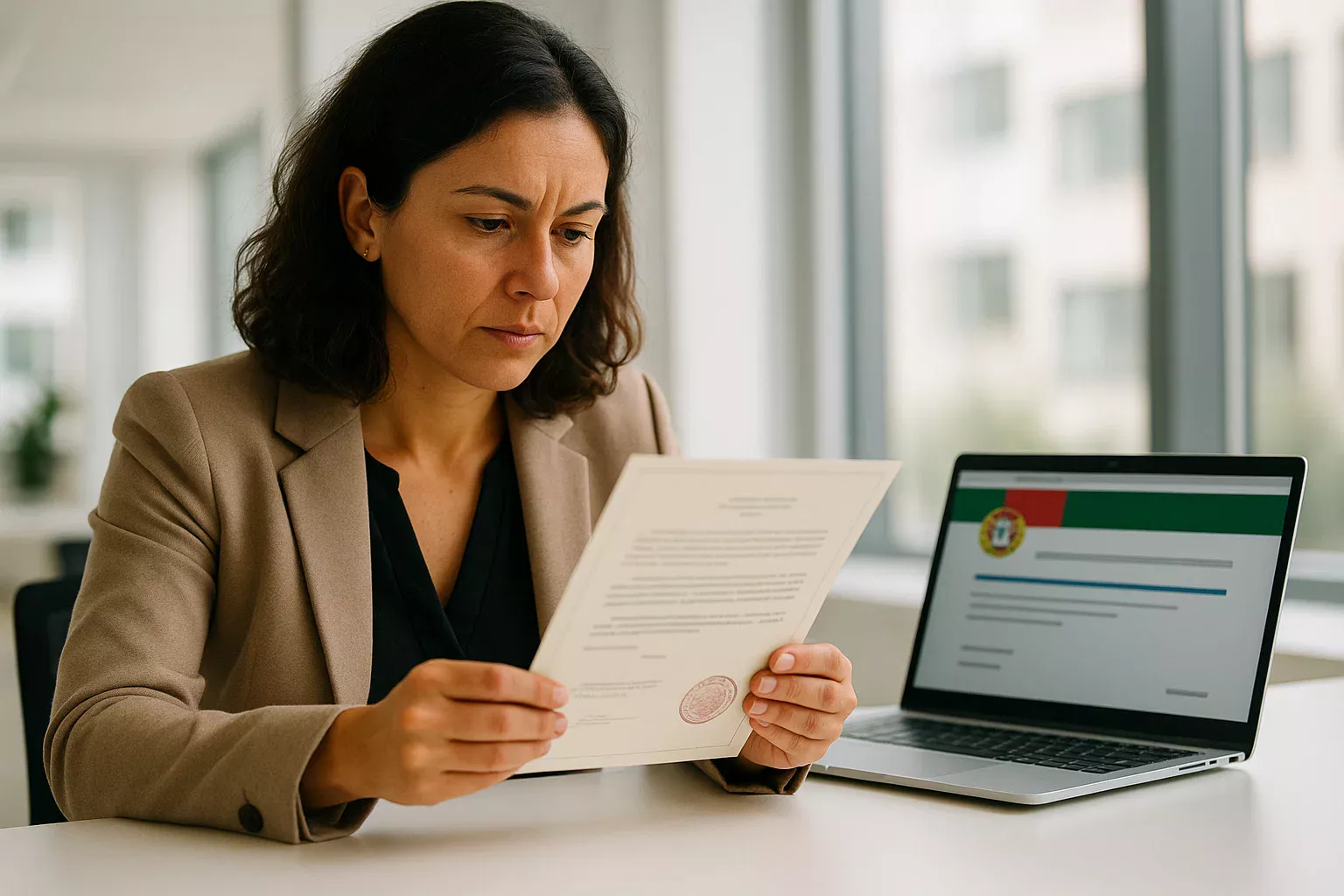 Profissional portuguesa a verificar documentos oficiais de licença para apostas